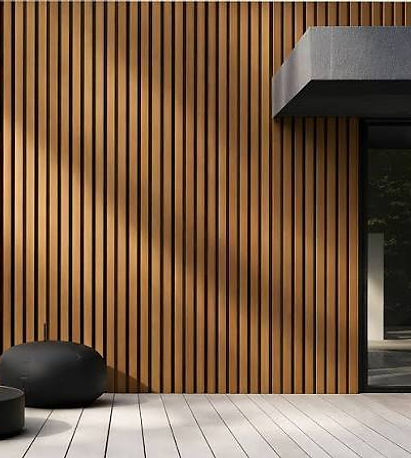 Vertical wood cladding wall with a dark roof overhang and light-toned decking