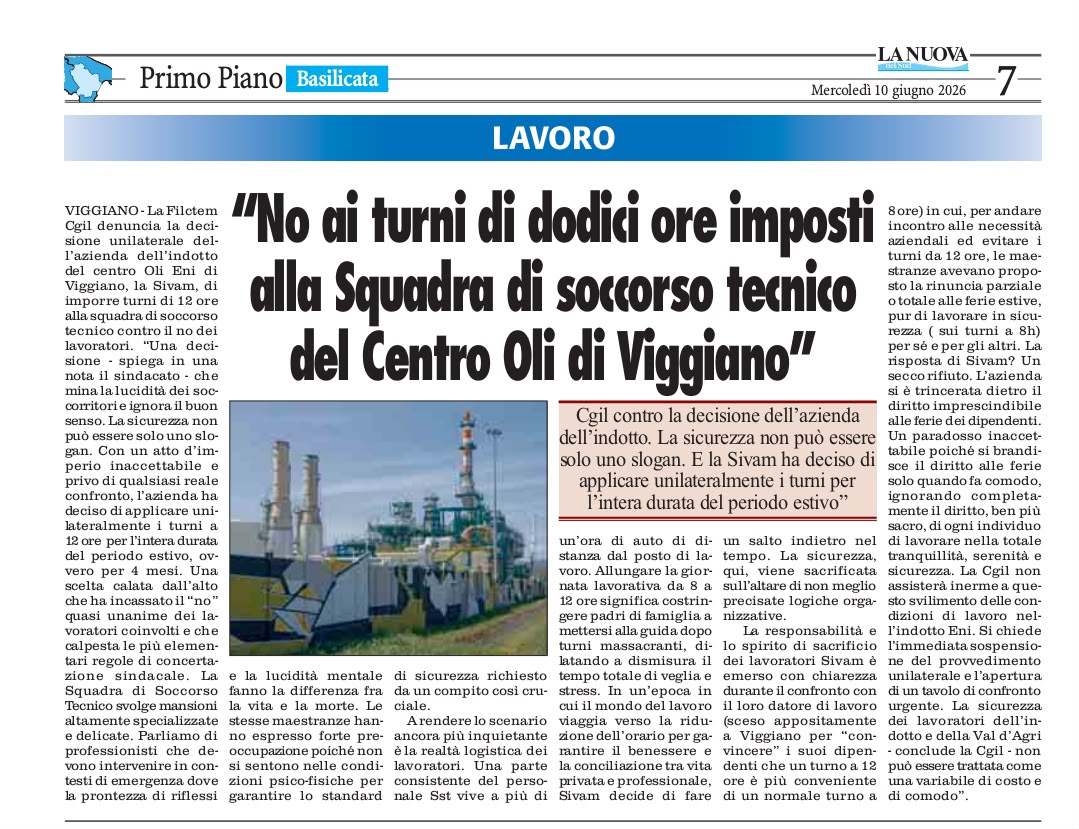 No ai turni di dodici ore imposti alla Squadra di soccorso tecnico del Centro Oli di Viggiano