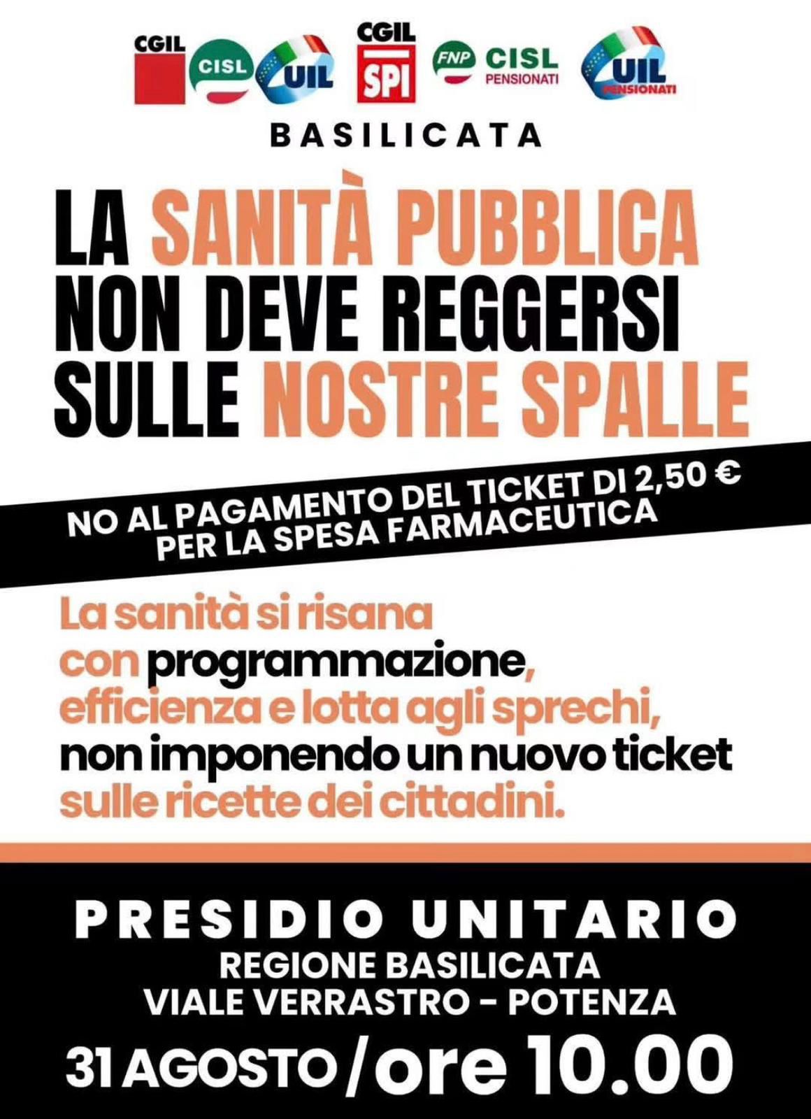 Sanità, lunedì 31 agosto mobilitazione davanti alla Regione Basilicata contro il nuovo ticket da 2,50 euro — immagine 1