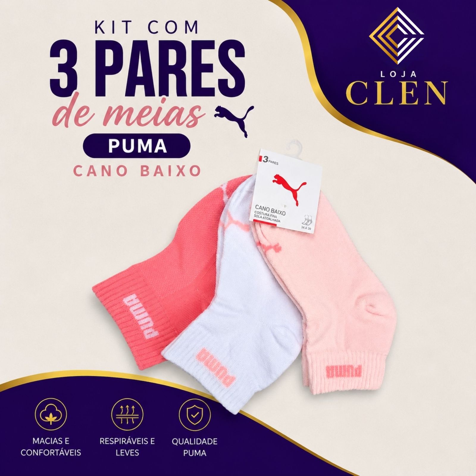Kit 3 Pares de Meias Puma - Cano Baixo Feminino