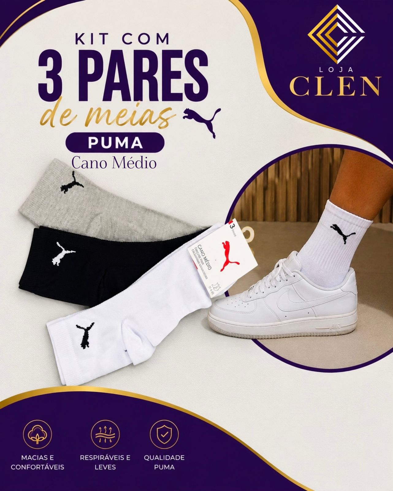 Kit 3 Pares de Meias Puma - Cano Médio