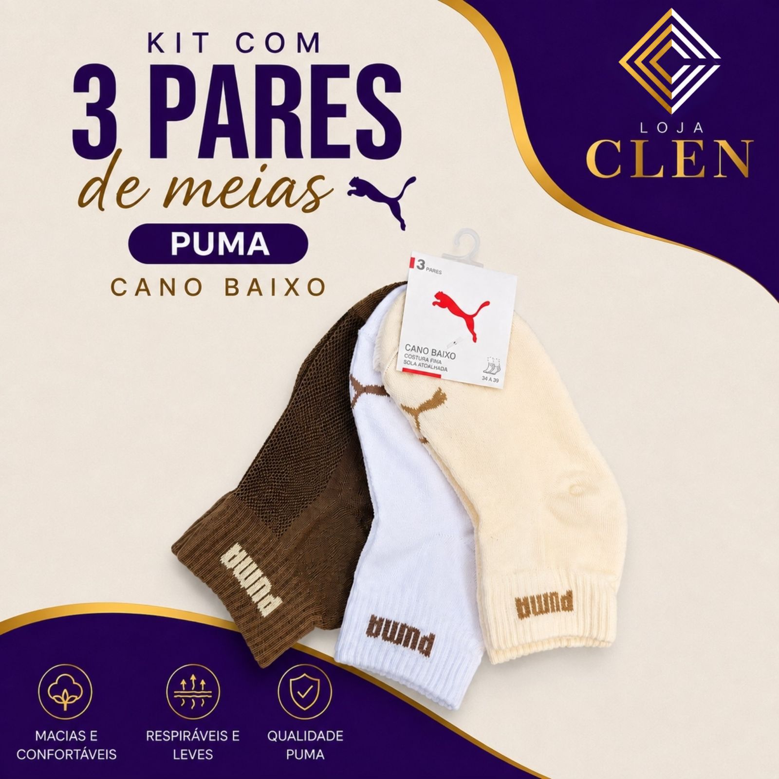 Kit 3 Pares de Meias Puma - Cano Baixo