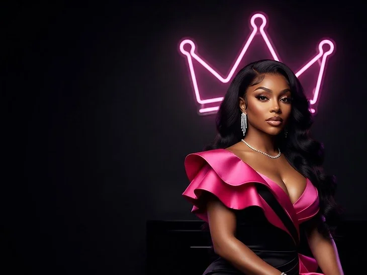 Jasmine, BaddieLink's AI assistant, in pink and black satin under a pink neon crown