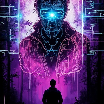 A neon magenta and cyan digital figure in a fractured cityscape